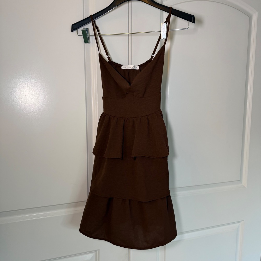 Altar'd State Brown Tiered Ruffle Mini Dress Sweetheart Neck Spaghetti Strap S